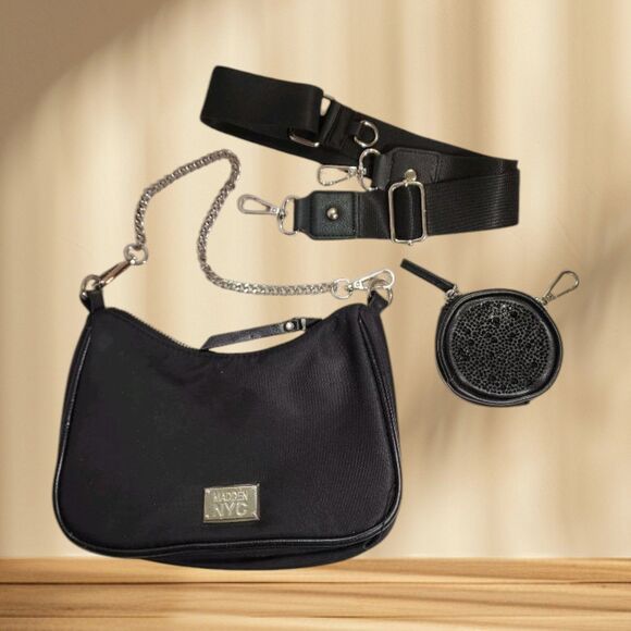 Madden NYC Sparkle Black Convertible Satchel Crossbody Bag w Earbud Case - Picture 1 of 16